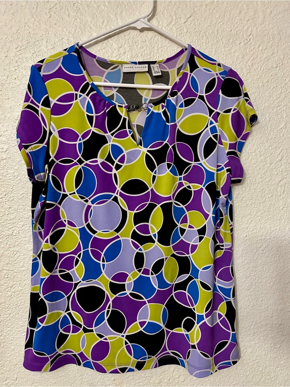 Susan Graver Purple Multi-Color Geometric Circle Keyhole Top